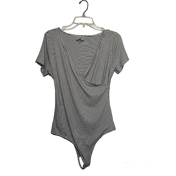 Hollister Tops - Hollister NWOT Ribbed Striped Wrap Black and White short sleeve  Bodysuit L